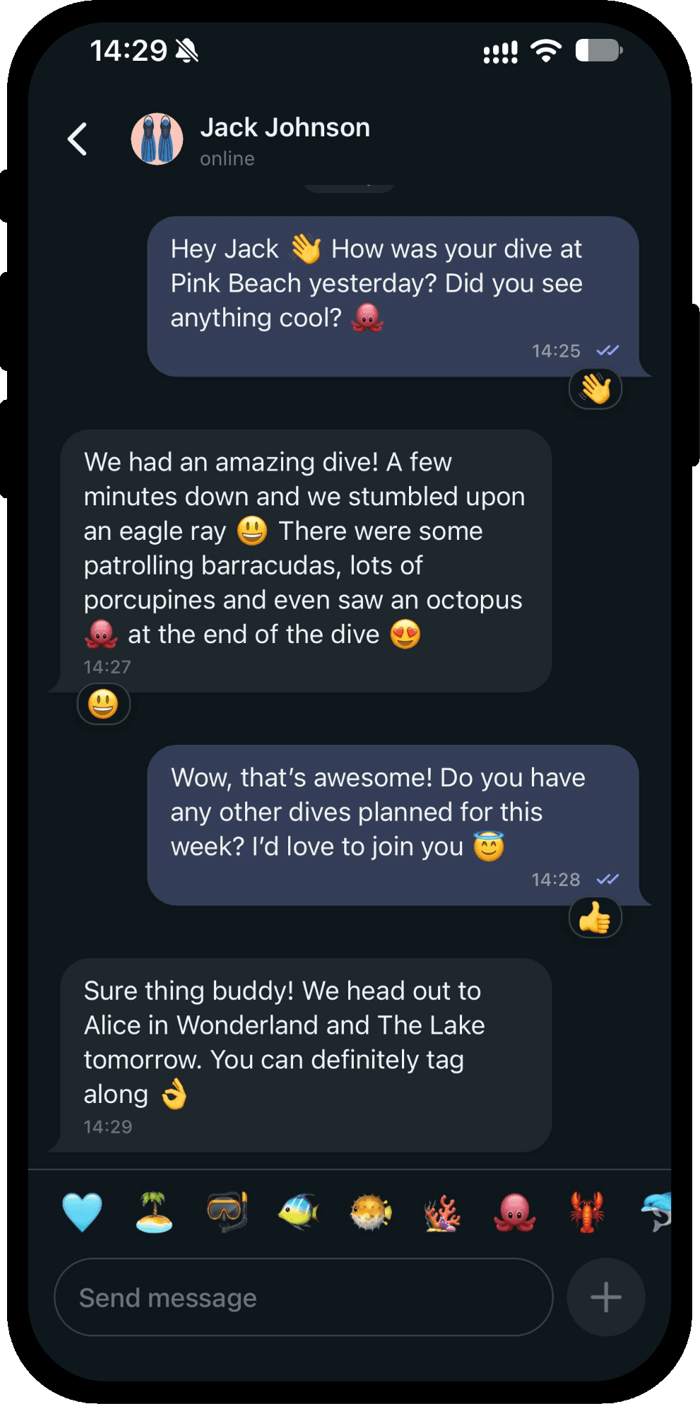 Chatting with a dive buddy in Scubaspot