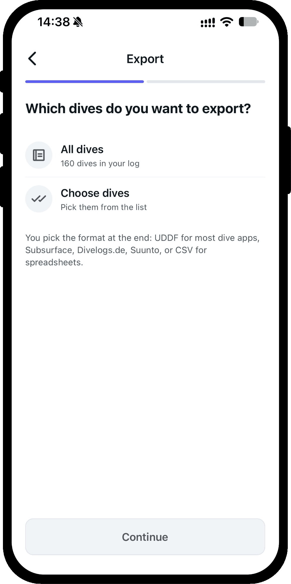 Exporting a logbook in Scubaspot