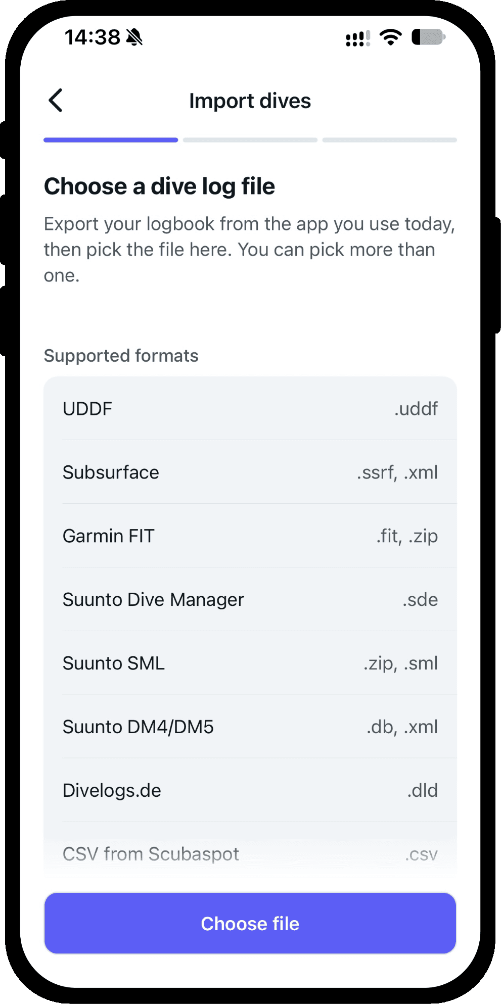 Importing a dive log into Scubaspot