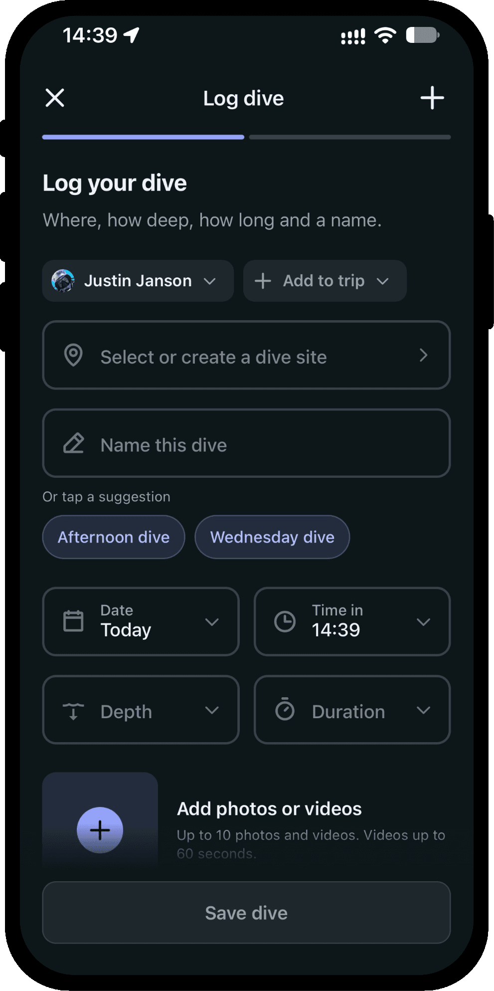 Logging a dive in Scubaspot