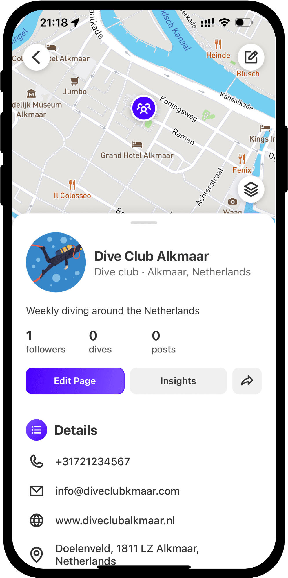 Pages for clubs and dive businesses