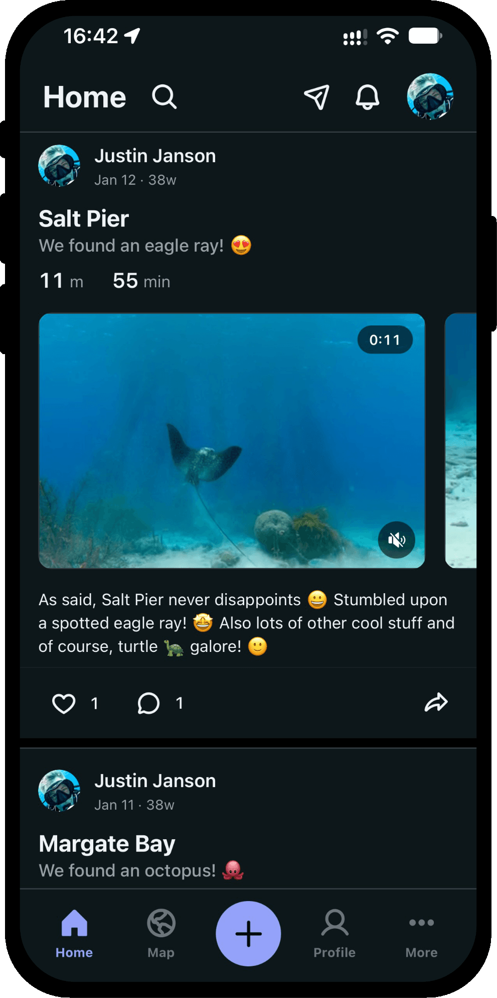 The Scubaspot feed, showing dives posted by other divers