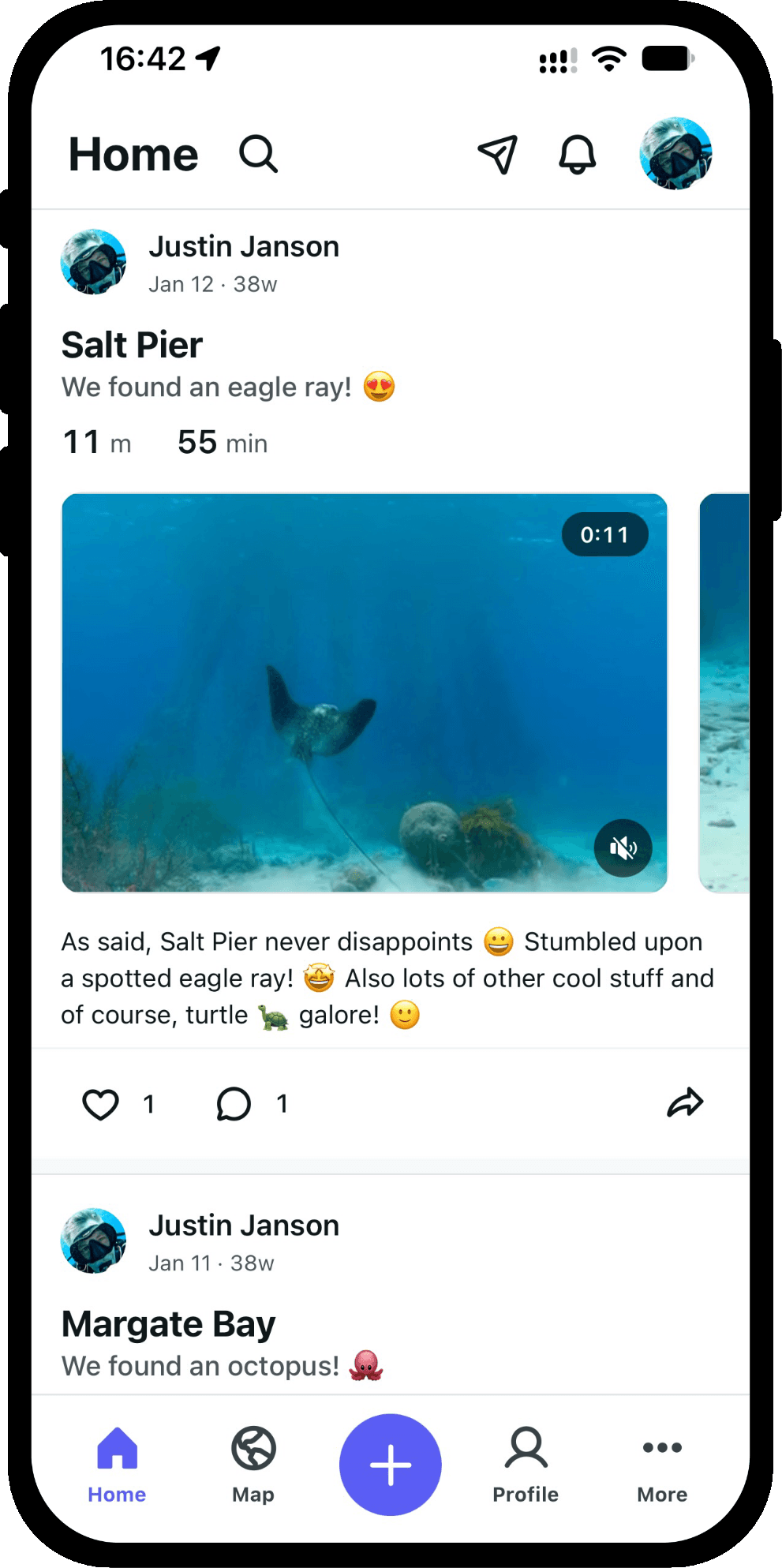 The Scubaspot feed, showing dives posted by other divers