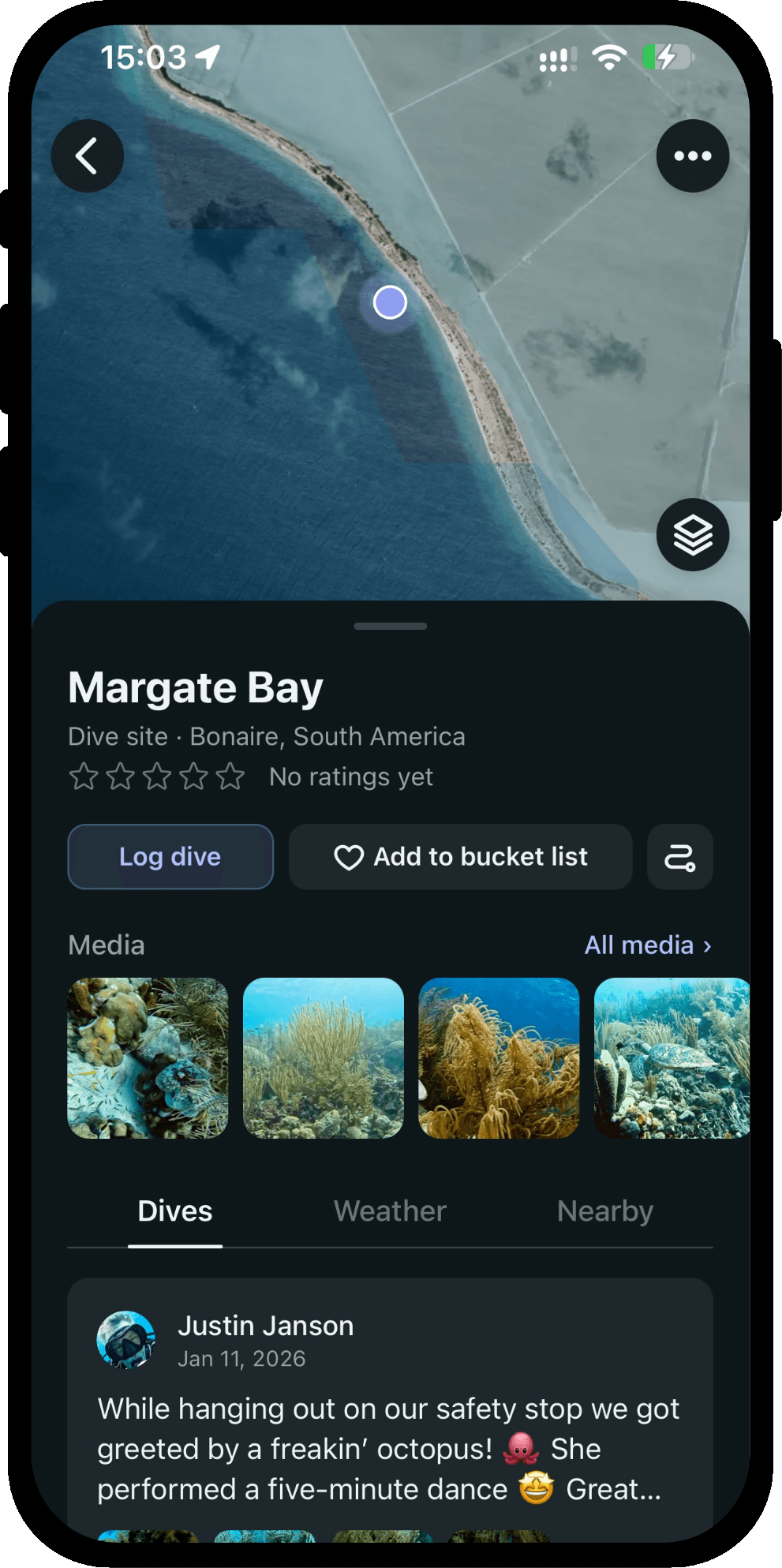 A dive site page in Scubaspot, with photos and the dives logged there