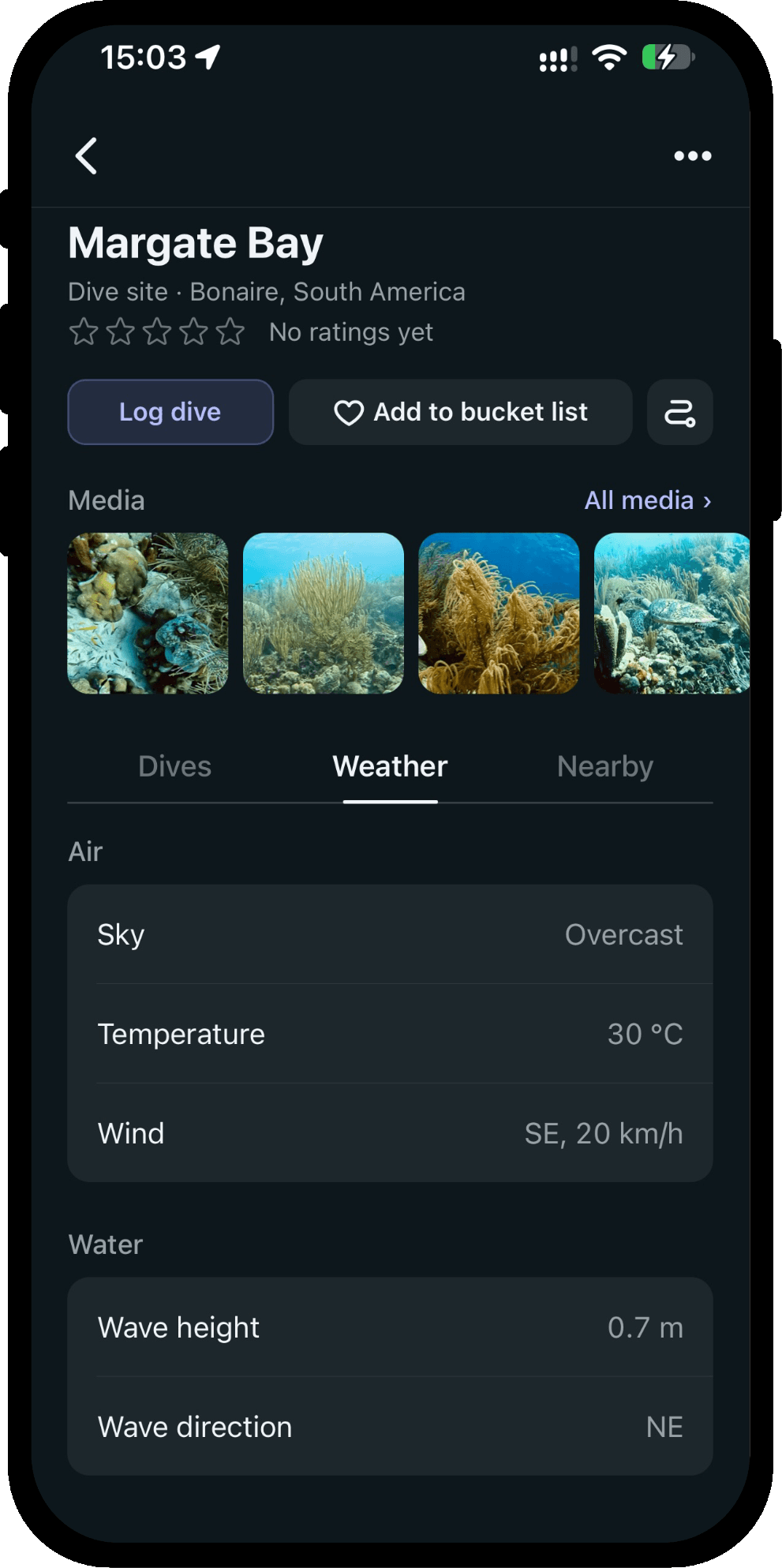 The Weather tab of a dive site in Scubaspot