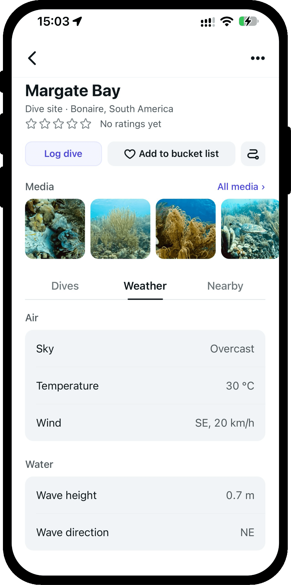 The Weather tab of a dive site in Scubaspot