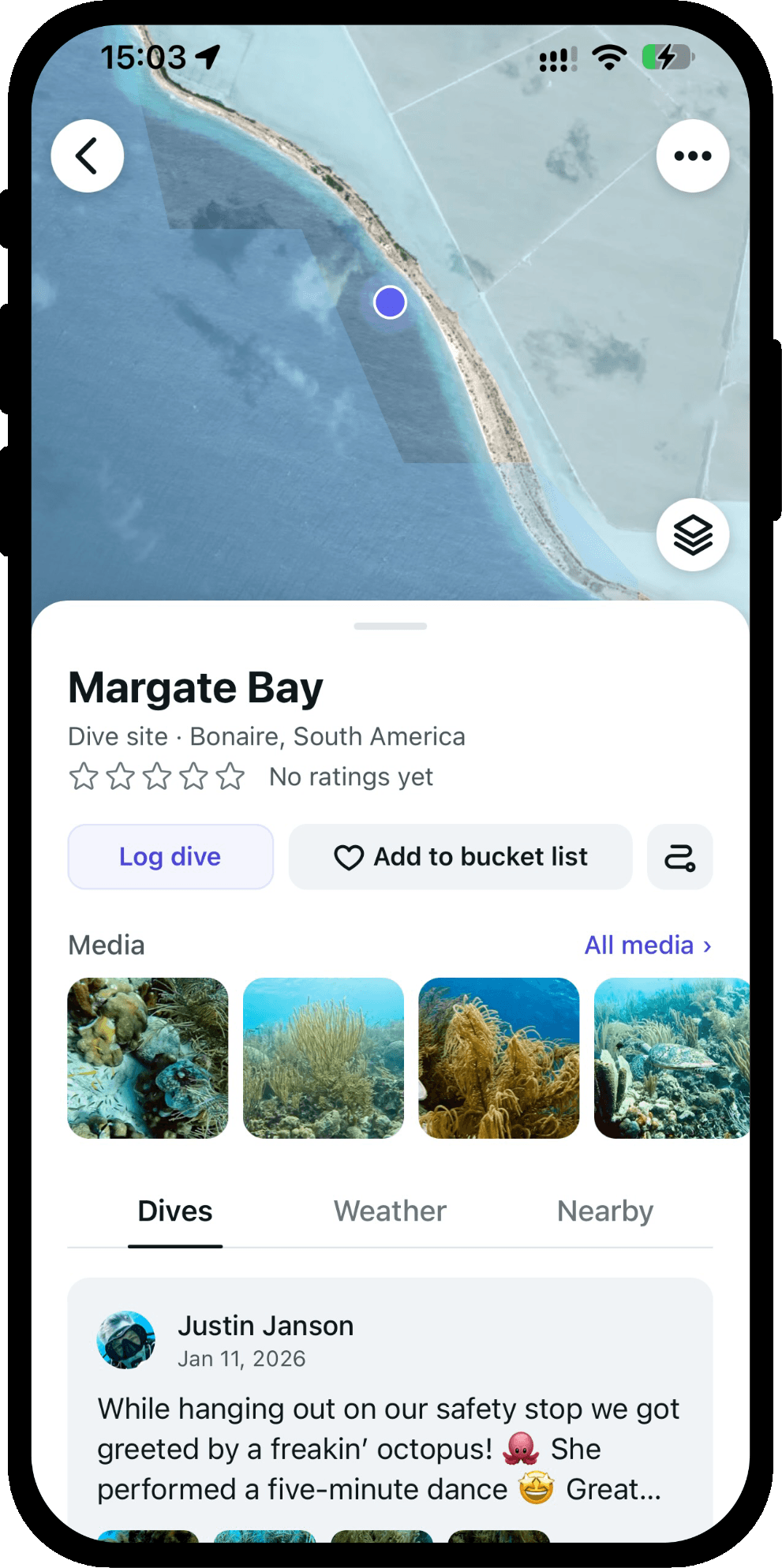 A dive site page in Scubaspot, with photos and the dives logged there