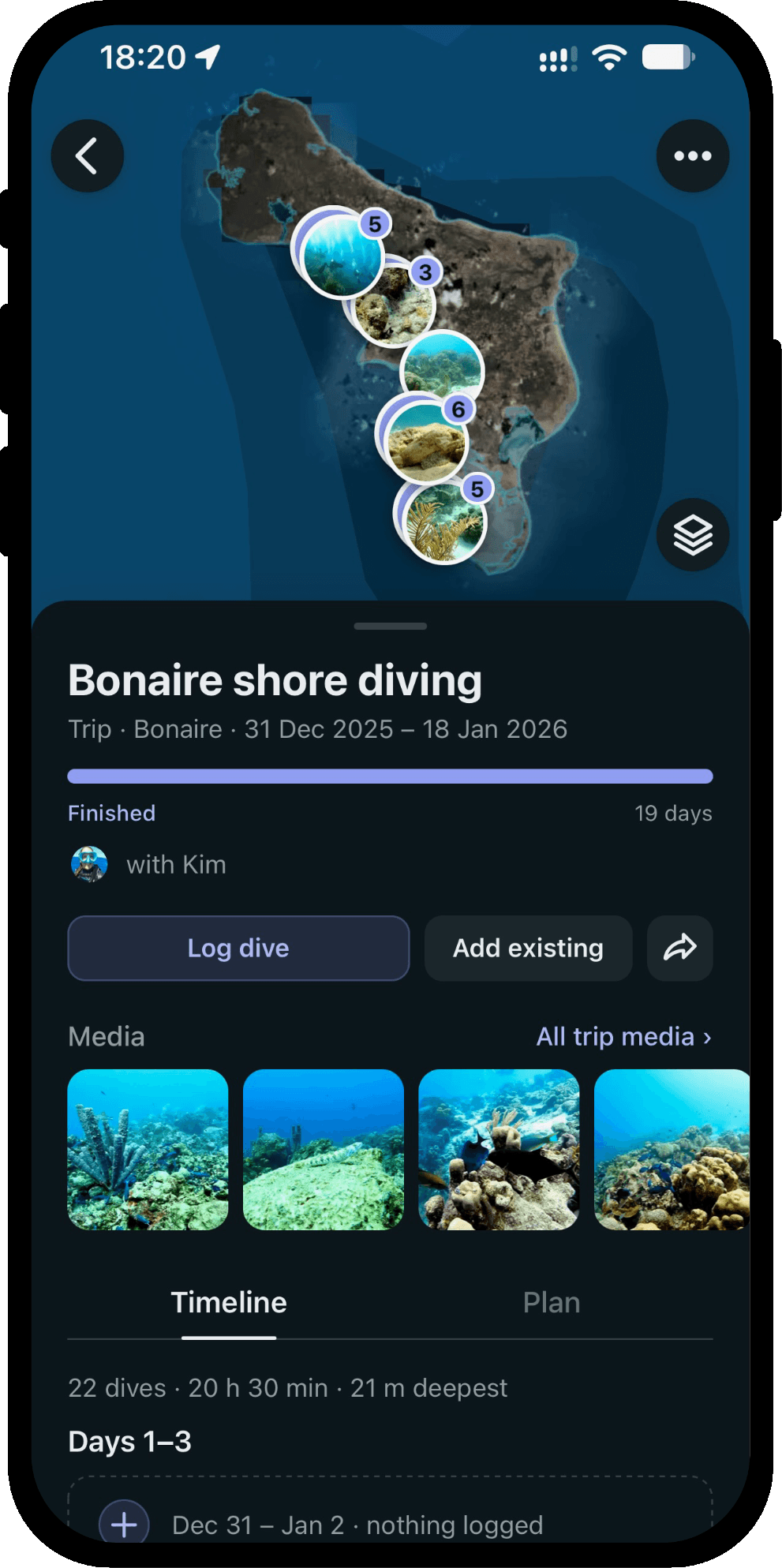 A Bonaire dive trip on the Scubaspot trip map, with photo markers along the route