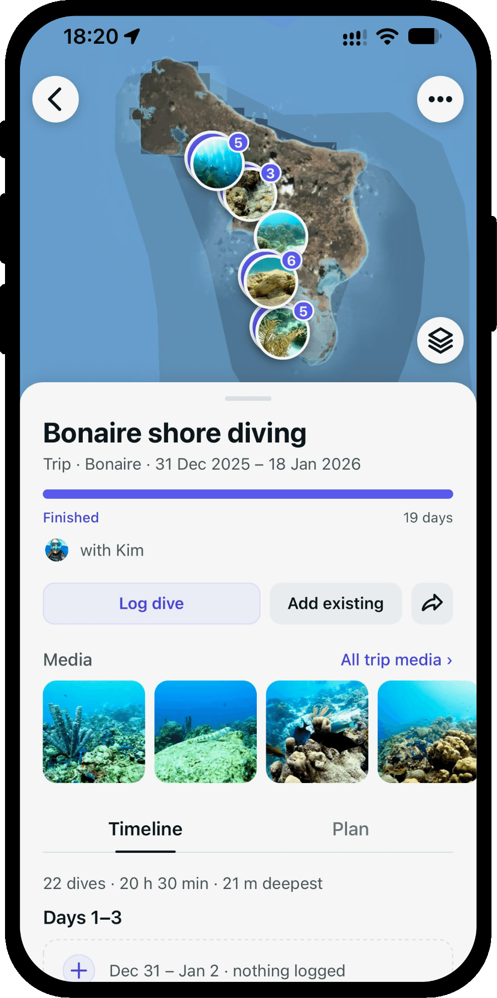 A Bonaire dive trip on the Scubaspot trip map, with photo markers along the route